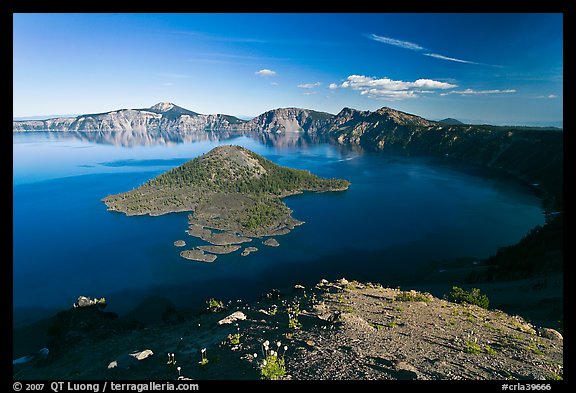 Crater Lake and Wizard Island, afternoon. Crater Lake National Park, Oregon, USA.