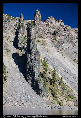 Devils Backbone, vertical dike of dark andesite lining the cliff face. Crater Lake National Park (color)
