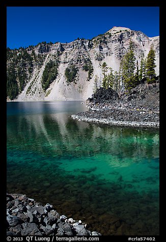 Watchman reflected in Fumarole Bay emerald waters, Wizard Island. Crater Lake National Park (color)