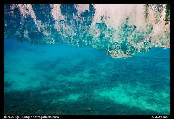 Watchman reflection and clear turquoise waters, Wizard Island. Crater Lake National Park (color)