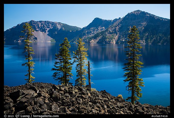 Hardened lava flow, Governors Bay, and Garfield Peak from Wizard Island. Crater Lake National Park (color)