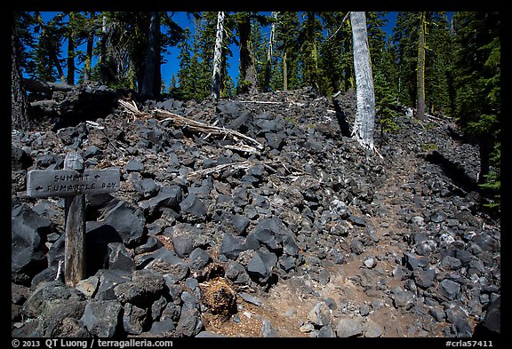 Trail junction and signs, Wizard Island. Crater Lake National Park, Oregon, USA.