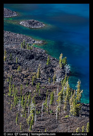 Volcanic shore of Wizard Island seen above. Crater Lake National Park (color)
