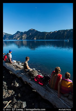 Visitors waiting for boat pick-up, Wizard Island. Crater Lake National Park (color)
