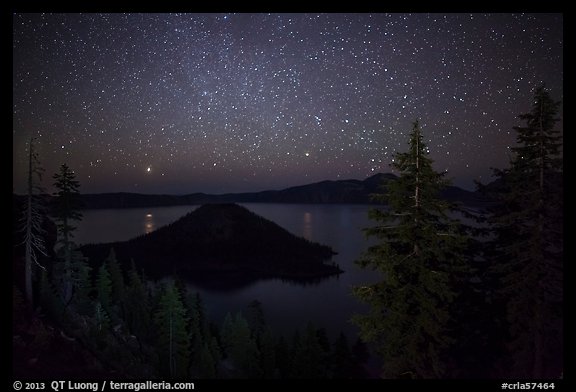 Trees, Wizard Island and lake at night. Crater Lake National Park (color)