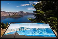 Interpretive sign, Wizard Island and Llao peak. Crater Lake National Park, Oregon, USA.