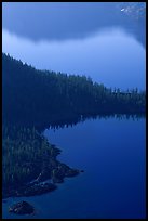 Wizard Island and crater rim reflection, early morning. Crater Lake National Park ( color)