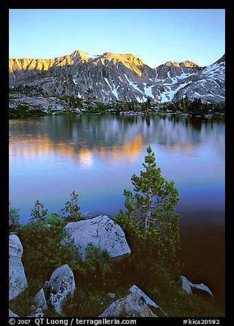 Boulders, tree, and Woods Lake at sunset. Kings Canyon  National Park (color)