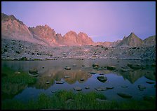 Mt Agasiz, Mt Thunderbolt, and Isoceles Peak reflected in a lake in Dusy Basin, sunset. Kings Canyon  National Park ( color)