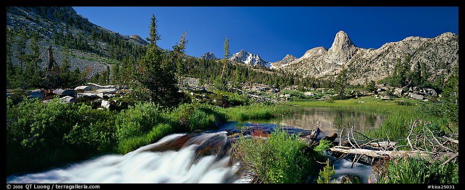 Clear cascading stream and peak. Kings Canyon  National Park (color)