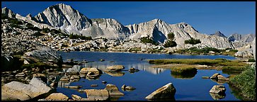 High Sierra peaks reflected in blue alpine lake. Kings Canyon National Park (Panoramic color)