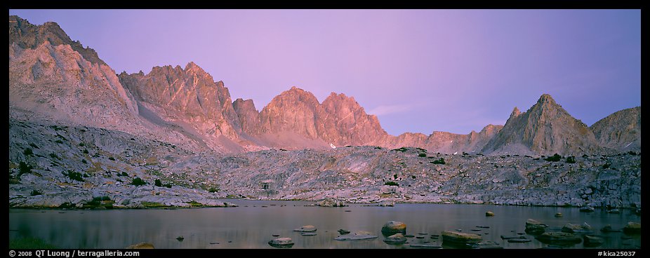 Pink light on High Sierra and lake at twilight. Kings Canyon  National Park (color)