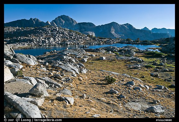 Alpine meadow, lake, and mountains, Dusy Basin. Kings Canyon National Park, California, USA.