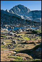 Alpine meadow, lake, and Mt Giraud, Dusy Basin. Kings Canyon National Park, California, USA.