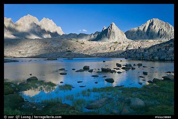 North Palissade, Isocele Peak and Mt Giraud reflected in lake, Dusy Basin. Kings Canyon National Park, California, USA.