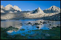 North Palissade, Isocele Peak and Mt Giraud reflected in lake, Dusy Basin. Kings Canyon National Park, California, USA.