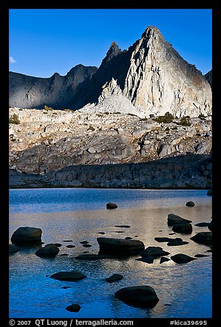 Isocele Peak reflected in lake, late afternoon, Dusy Basin. Kings Canyon National Park (color)