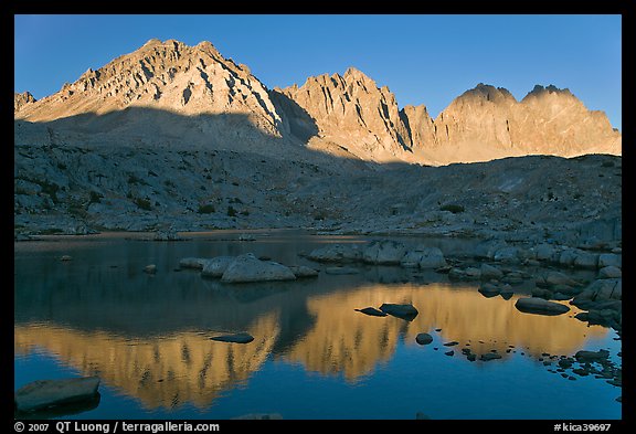 Agassiz, Winchell, Thunderbolt, Starlight, North Palissade reflected at sunset, Dusy Basin. Kings Canyon National Park (color)