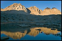 Agassiz, Winchell, Thunderbolt, Starlight, North Palissade reflected at sunset, Dusy Basin. Kings Canyon National Park, California, USA. (color)