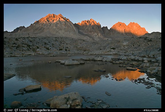 Palissades reflected in lake at sunset, Dusy Basin. Kings Canyon National Park, California, USA.