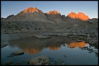 Palissades reflected in lake at sunset, Dusy Basin. Kings Canyon National Park, California, USA. (color)