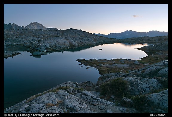 Lake and mountains at dusk, Dusy Basin. Kings Canyon National Park, California, USA.