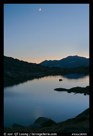 Lake and mountains with moon, Dusy Basin. Kings Canyon National Park, California, USA.