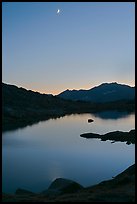 Lake and mountains with moon, Dusy Basin. Kings Canyon National Park, California, USA.