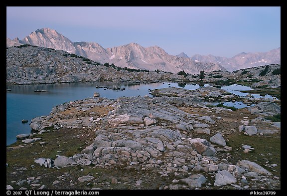 Alpine landscape, lakes and mountains at dawn, Dusy Basin. Kings Canyon National Park, California, USA.