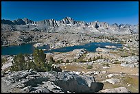 Alpine terrain, lakes and mountains, morning, Dusy Basin. Kings Canyon National Park, California, USA.