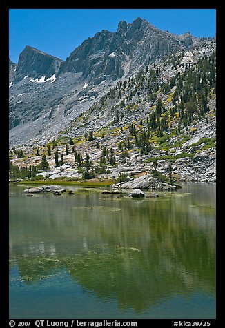 Mt Giraud and lake, Lower Dusy Basin. Kings Canyon National Park, California, USA.