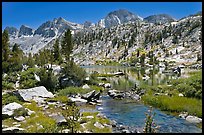 Outlet stream, lake, and mountains, Lower Dusy Basin. Kings Canyon National Park, California, USA.