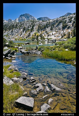 Stream, lake, and Mt Giraud, Lower Dusy Basin. Kings Canyon National Park, California, USA.