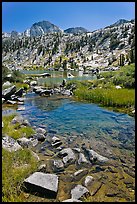 Stream, lake, and Mt Giraud, Lower Dusy Basin. Kings Canyon National Park, California, USA.