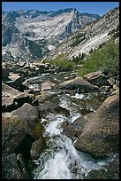 Stream plunges towards Le Conte Canyon. Kings Canyon National Park, California, USA.