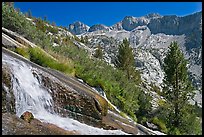 Waterfall, and mountains, Le Conte Canyon. Kings Canyon National Park, California, USA.