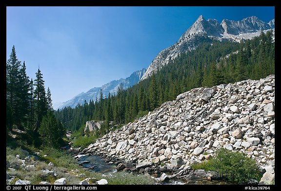 Scree slope, river, and The Citadel, Le Conte Canyon. Kings Canyon National Park, California, USA.