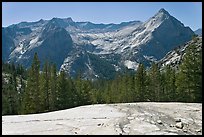 Granite slab, Langille Peak and the Citadel above Le Conte Canyon. Kings Canyon National Park, California, USA. (color)