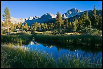 Mountains reflected in calm creek, late afternoon, Lower Dusy basin. Kings Canyon National Park, California, USA.