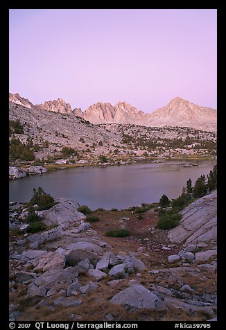 Palissades and Columbine Peak above lake at dusk, Lower Dusy basin. Kings Canyon National Park (color)