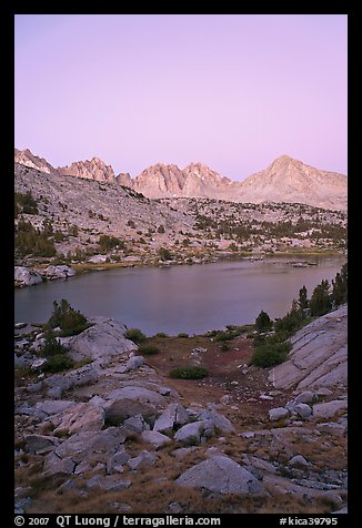 Palissades and Columbine Peak above lake at dusk, Lower Dusy basin. Kings Canyon National Park, California, USA.