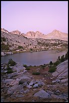 Palissades and Columbine Peak above lake at dusk, Lower Dusy basin. Kings Canyon National Park, California, USA.