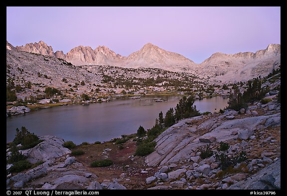 Palissade range and lake at dusk, Lower Dusy basin. Kings Canyon National Park, California, USA.