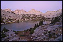 Palissade range and lake at dusk, Lower Dusy basin. Kings Canyon National Park, California, USA. (color)