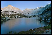 Columbine Peak, Palissades, and Mt Giraud at dusk above lake. Kings Canyon National Park, California, USA. (color)