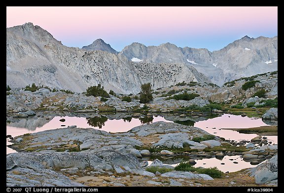 Alpine lakes and mountain range at dawn, Dusy Basin. Kings Canyon National Park, California, USA.