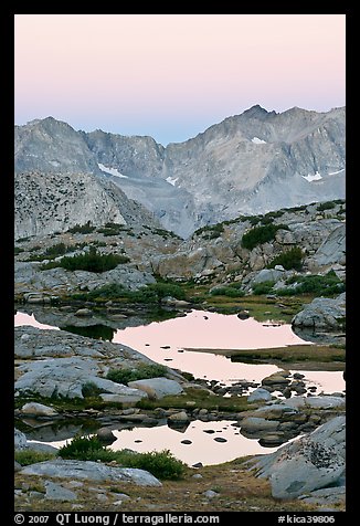 Alpine tarns and mountains, dawn, Dusy Basin. Kings Canyon National Park (color)