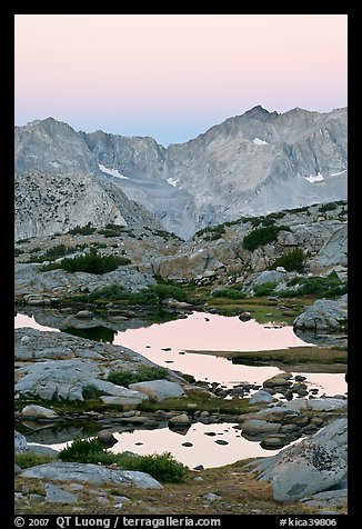 Alpine tarns and mountains, dawn, Dusy Basin. Kings Canyon National Park, California, USA.