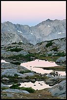 Alpine tarns and mountains, dawn, Dusy Basin. Kings Canyon National Park, California, USA.
