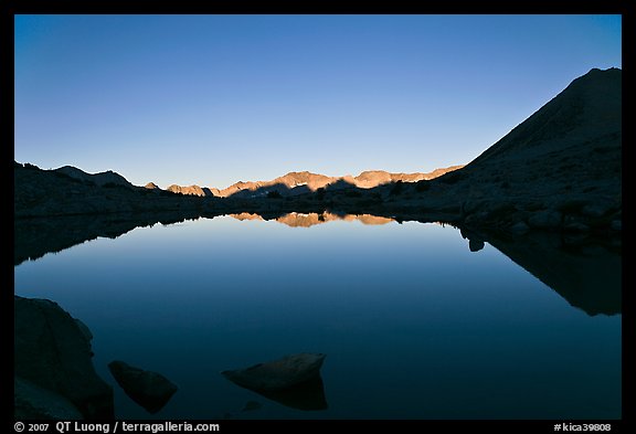 Lake and reflections, early morning, Dusy Basin. Kings Canyon National Park, California, USA.